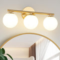 Globe Bathroom Light Fixtures 3-Light Brass Gold Vanity Light with Plastic Milk White Globe Shades 18.11 inch Wall Sconce Lighting Over Mirror, Vanity Lights for Bathroom Bedroom Hallway