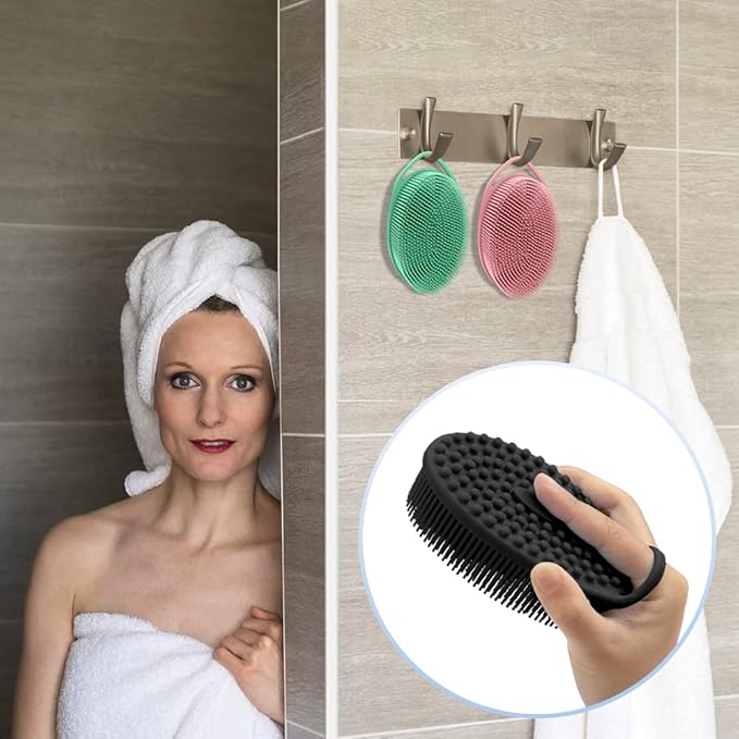 3 Pack Silicone Body Scrubber, Soft Silicone Loofah, Exfoliating Body Scrubber Fit for Sensitive and All Kinds of Skin, Rapid Foaming, Clean and Sanitary,Black,Green,Pink