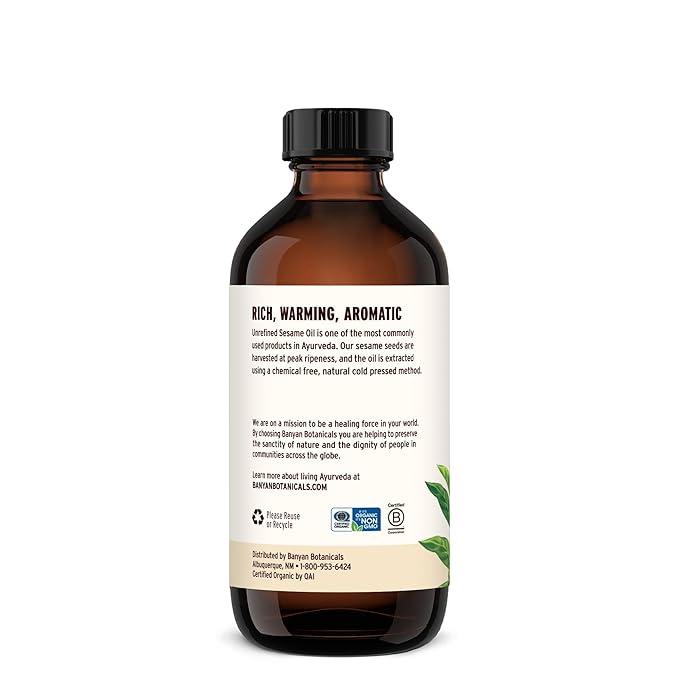 Banyan Botanicals Sesame Oil – Organic & Unrefined Sesame Oil for Skin, Body, Hair & More – Multiple Sizes – 8 oz – Non GMO Sustainably Sourced Vegan