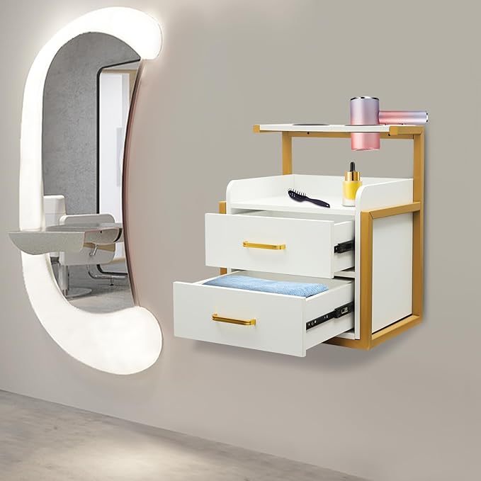 Suspended Salon Wall Cabinet with 2 Drawers & Hair Dryer Holder, Storage Cabinet for Hair Salon, Wall Mounted Styling Station, 15.75'' Wide Storage for Hair Salons, Spas, Home Use (Gold)