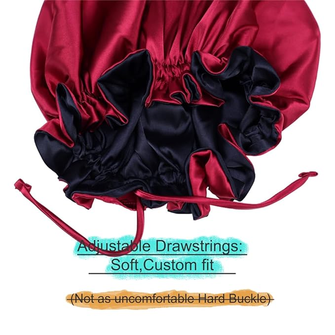 Adjustable Silk Satin Bonnet Hair Care Caps for Women Girls Loose-fitting Reversible Sleeping Cap Shower Caps Hair Wrap Bonnets (008 Wine/Black)