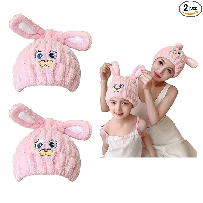 Kids Animal Hair Drying Towels, 2Pcs Pink Rabbit Bath Dry Hair Caps, Extrame Soft & Ultra Absorbent, Fast Drying Hair Turban Wrap Towels Shower Cap for Girls and Women