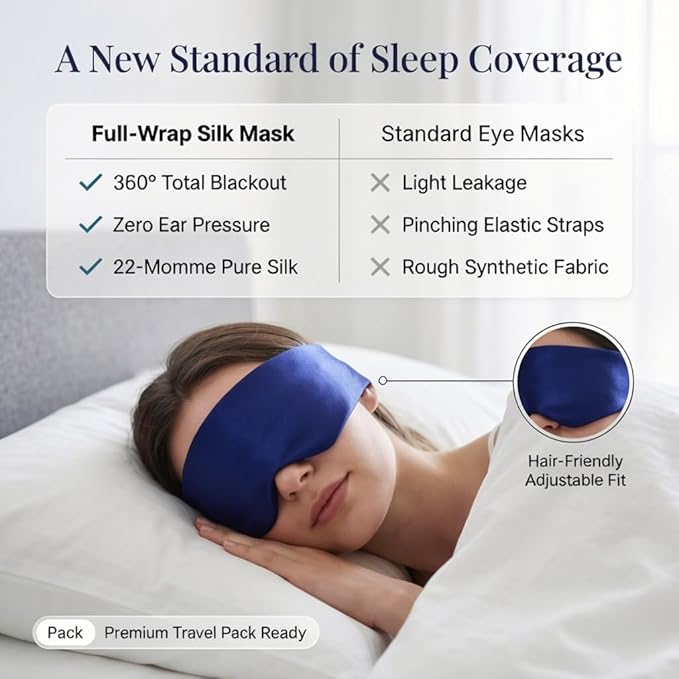 Silk Sleep Mask for Side Sleepers, Blackout Light Blocking Eye Mask for Sleeping, 100% 22 Momme Mulberry Silk, Full Coverage Face-Hugging Sleep Mask for Travel, Naps & Shift Workers, Blue
