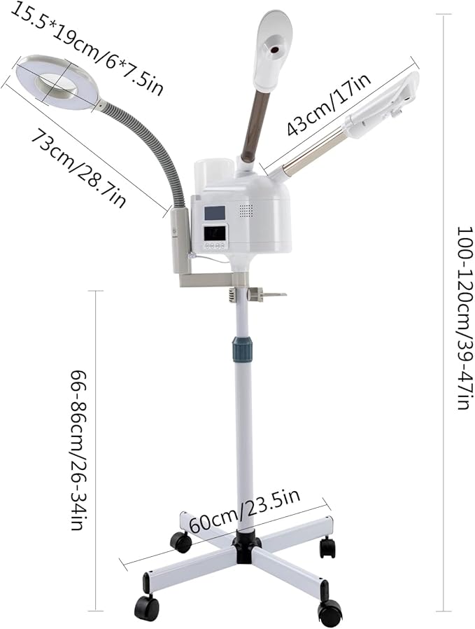 3 in 1 Facial Steamer, Professional Rolling Facial Steamer with 5X LED Magnifying Lamp, Warm Cold Mist Digital LCD Screen Ozone Facial Steamer for Salon Spa Beauty Skin Care