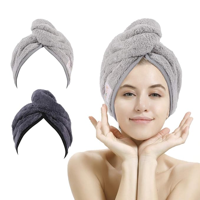 M-bestl 2 Pack Hair Drying Towels, Anti-frizz Hair Towel Wrap, Absorbent Microfiber Hair Towel Turban with Button Design for Straight Curly Hair (Dark Gray&Light Gray)