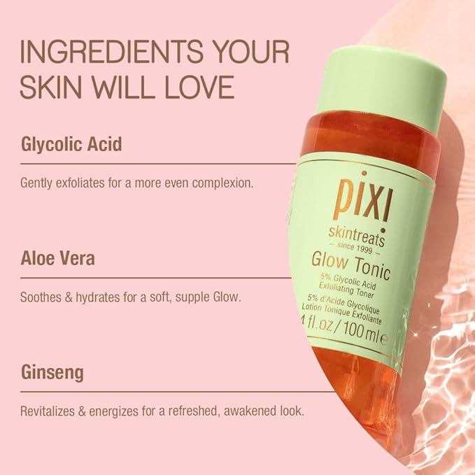 Pixi Glow Tonic Exfoliating Face Toner with 5% Glycolic Acid, Ginseng and Aloe Vera, Alcohol-Free Pore-Refining Toner for Radiant Skin, 8.5 fl oz / 250 ml