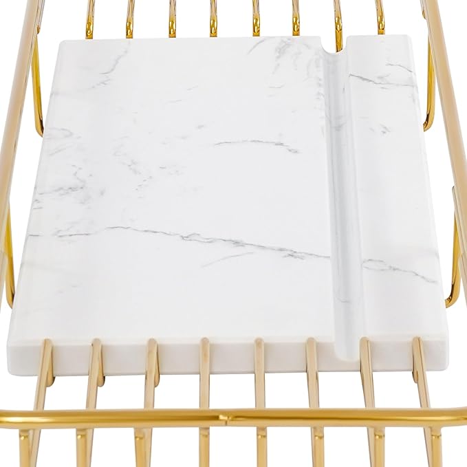 Stainless Steel Bathtub Tray, Expandable Marble Bath Tray for Tub, 44.09 lbs Capacity Bath Caddy for Bathtub Bathroom Accessories for Home Spa (Gold + White)