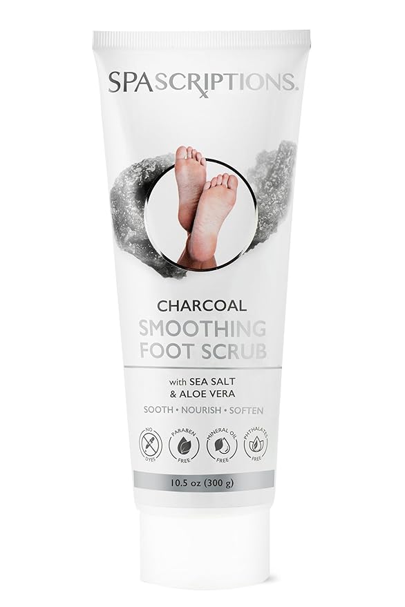 SpaScriptions Charcoal Smoothing Foot Scrub for Dry Rough Feet Repair – Exfoliating Foot Care Treatment to Help Remove Dead Skin & Calluses with Sea Salt & Aloe Vera for Softer Smoother Feet, 10.5 oz
