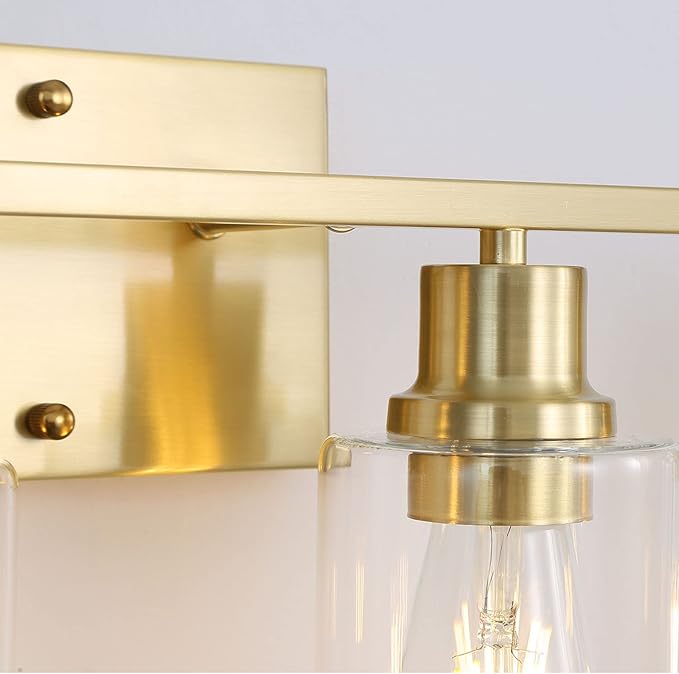 3-Lights Gold Bathroom Light Fixture, Brushed Brass Vanity Light with Clear Glass Shade, Modern Bath Wall Lights for Living Room, Hallway, Bedroom