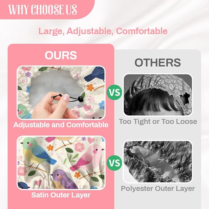 Bohemian Birds Flowers Reusable Shower Cap Cute Double Layer Waterproof Shower Caps Large Elastic Hair Cover Adjustable Hair - Drying Caps for Woman Bath SPA Travel One Size Fits Most