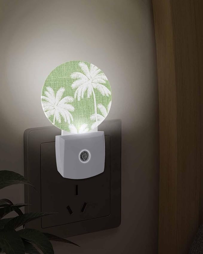 Night Lights Auto Sensor Tropical Palm Trees Night Light Green Linen Coastal Round Lamp Plug-in LED Nightlights Dusk to Dawn for Living Room Bedroom Bathroom Hallway Wall Decor