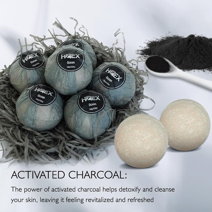 HZEX Charcoal Activated Bath Bombs for Men – Detox with Handmade Organic 6 Pack Bath Bomb Set, up to 3 Scents (Sandalwood, Bergamot, Ocean), Individually Wrapped (Ocean)