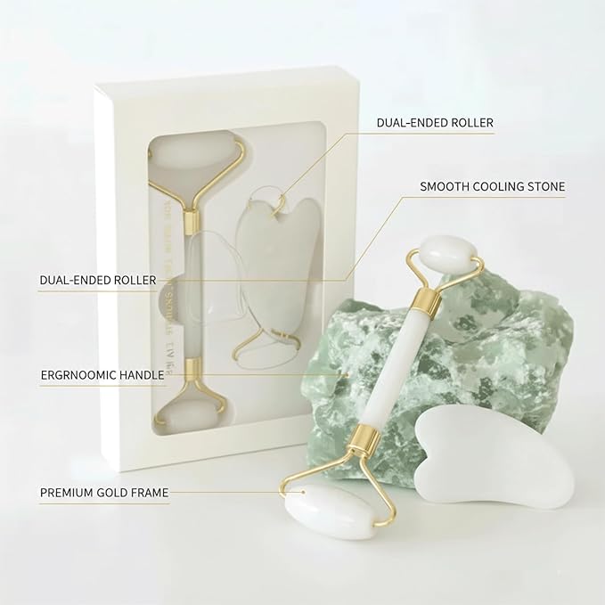 Gua Sha & Jade Roller Facial Tools Face Roller and Gua Sha Set for Puffiness and Redness Reducing Skin Care Routine, Self Care for Men Women (White)