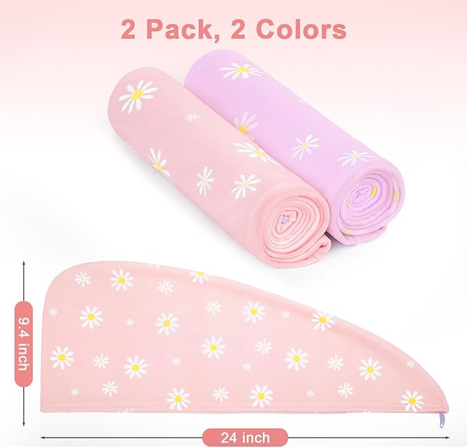 Unicorn Castle Microfiber Hair Towel for Kids 2Pack Hair Wrap Towels Absorbent Hair Drying Towel Wrap Hair Turbans for Curly Thick Hair, Purple Pink Daisy