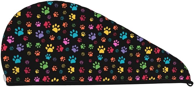 Colorful Paw Pattern Hair Towel Wrap Microfiber Fast Drying Hair Turban with Buttons for Women Drying Curly, Long & Thick Hair