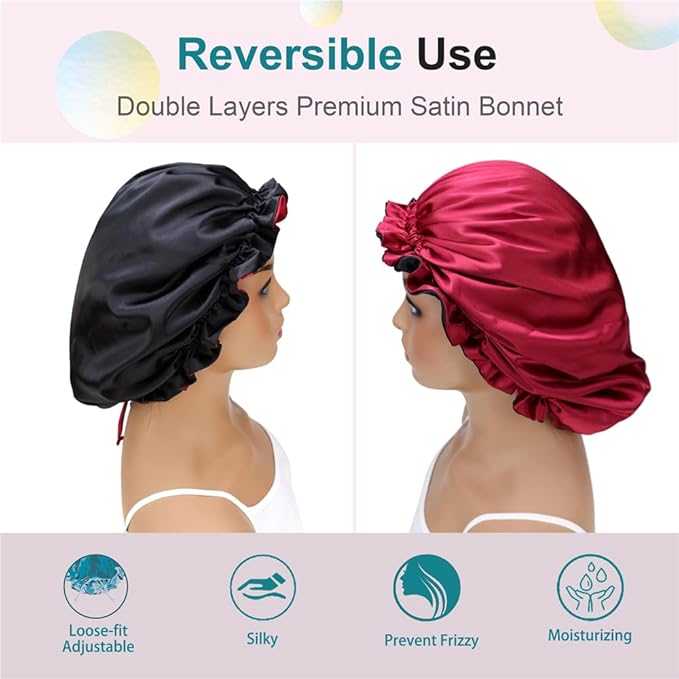 Adjustable Silk Satin Bonnet Hair Care Caps for Women Girls Loose-fitting Reversible Sleeping Cap Shower Caps Hair Wrap Bonnets (008 Wine/Black)