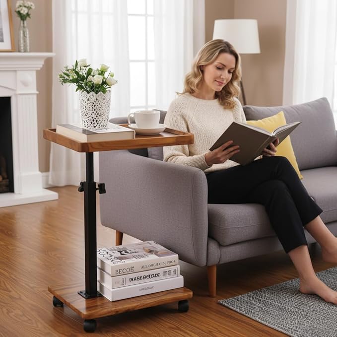 C Table End Table Adjustable Height,C Shaped End for Couch，Snack Tables,360°Swivel TV Tray Sofa Table,Tables that Slide Under,Coffee SideTable for Bed,Chair,Bath-tub,Outdoor(Walnut Color)