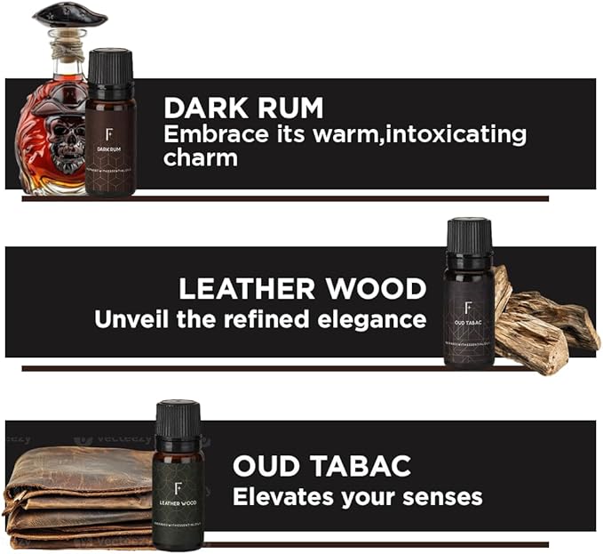 Folkulture Essential Oils Set for Men for Diffuser | Set of 6 Home Fragrance Oils | Oud, White Musk, Tobacco, Sandalwood & Leather Wood | Aromatherapy Gift Set for Men