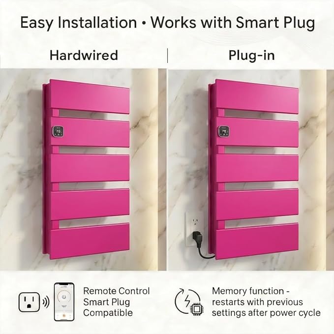 Electric Towel Warmer, Heated Towel Rack with Thermo Control and Timer, Fast Heating Towel Rail for Bathroom with Memroy Function, Work with Smart Plug, Left-Wiring, 5 Panel, Pink