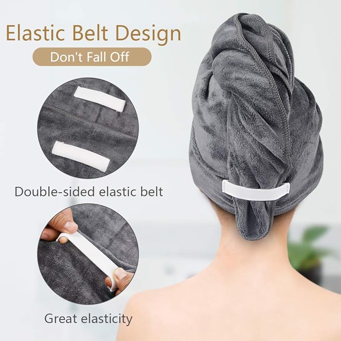 SUNLAND Microfiber Hair Towels Anti Frizz Hair Drying Towel Super Absorbent Fast Drying Turbans for Wet Curly Hair Soft Hair Towel Wrap with Elastic Band for All Hair Types 40 X 20 inches 2Pack Grey