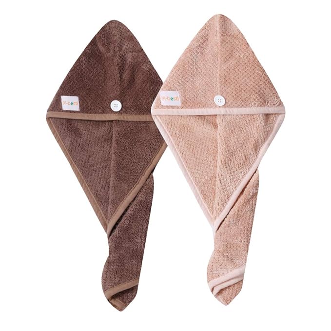 M-bestl 2 Pack Hair Drying Towels, Hair Wrap Towels, Absorbent Microfiber Hair Towel Turban with Button Design to Dry Hair Quickly(Coffee& Pink)