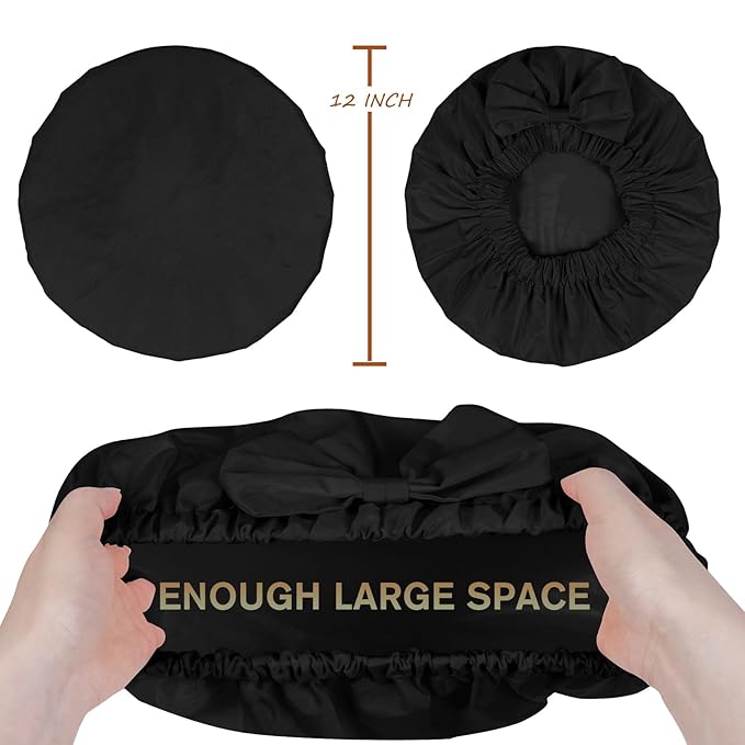 Shower Cap for Women, Cute Bow Waterproof Reusable Bath Cap, Non-Slip Anti Humidity, Roomy Anti-Frizz for Short Medium Wavy Hair, Soft Elastic & Machine Washable, Black