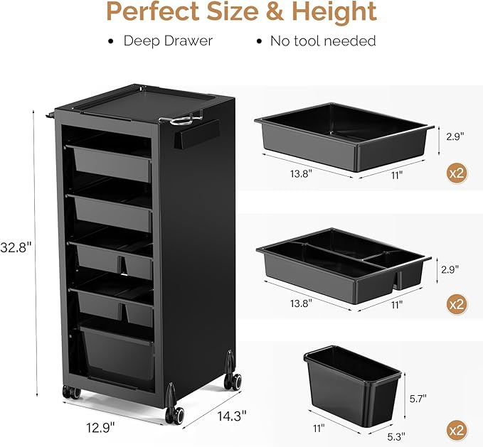 OmySalon Salon Trolley Cart with Wheels & 6 Drawers, Hair Cart Organizer for Stylist Hairdresser, Salon Cabinet Station for Barbershop Beauty Spa