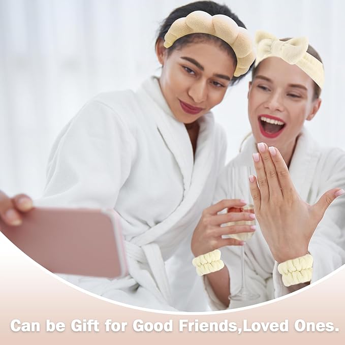 Zkptops 6Pcs Spa Headband for Washing Face Wristbands Set Women Bubble Makeup Sponge Terry Cloth Padded Puffy Skincare Headband Bow Tie Hairband Cute Non Slip Thick Hair Accessory Gifts (Beige)