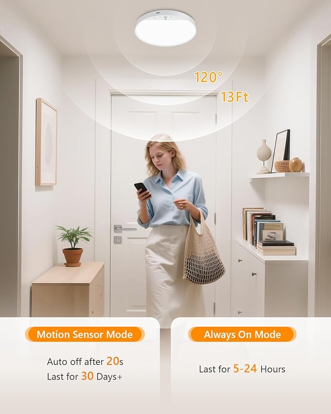 Rechargeable 6W Motion Sensor Ceiling Light Indoor, No Wiring & Magnetic Stick-On, Remote Control for Color & Brightness, Battery Operated Light for Shower, Closet, Bathroom, Pantry, Hallway, 2-Pack