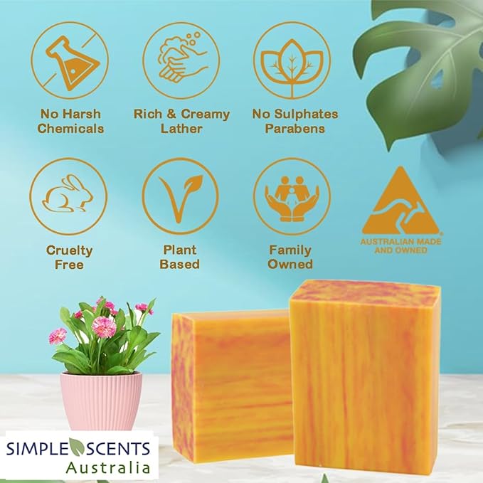 Simple Scents Australia Peach Scented Natural Soap Bars (5 Bars), 3.5oz Moisturizing French Triple Milled Soap Bars Enriched with Shea Butter - Pure Plant Oil Bath & Body