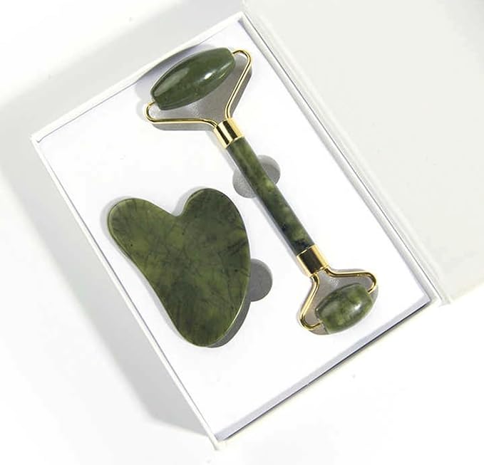 Premium Jade Roller with Gua Sha Set, Natural Green Jade Stone, Gold Metal Handle, Face Massage Tool for Facial Sculpting, Puffiness Reduction, Skin Tightening