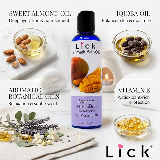 Lick Mango Scented Aromatic Bath Oil - Tropical Aromas Set - Soothing Bath Soak Oils, 4 oz