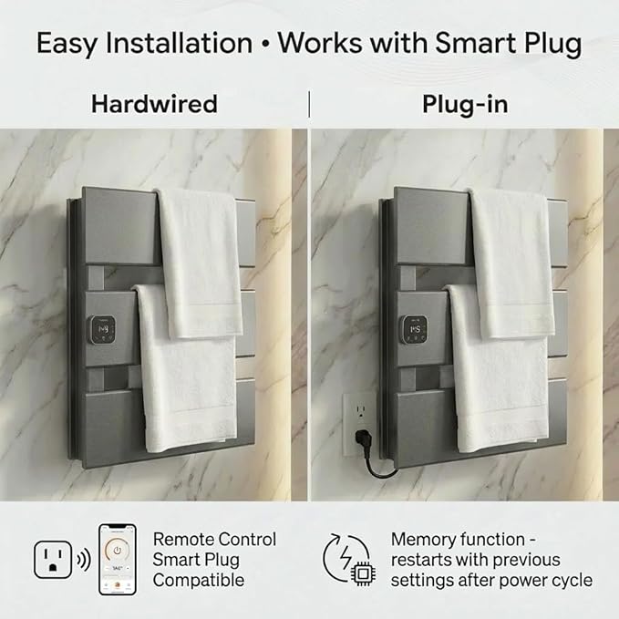 Electric Towel Warmer, Heated Towel Rack with Thermo Control and Timer, Fast Heating Towel Rail for Bathroom with Memroy Function, Work with Smart Plug, Left-Wiring, 3 Panel, Gun Gray