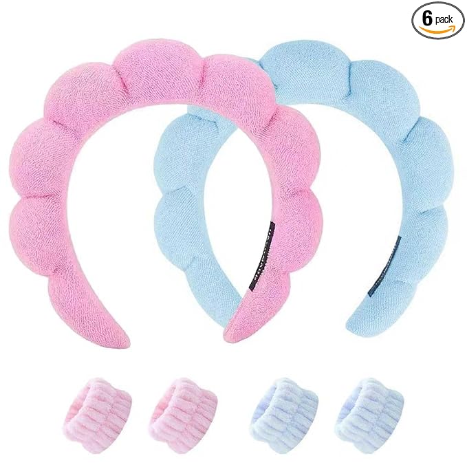 Spa Headband and Wristband Set for Women,Terry Cloth Sponge Headband for Washing Face,Makeup,Facial Mask and Skincare (Blue,Pink, One Size)