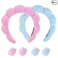Spa Headband and Wristband Set for Women,Terry Cloth Sponge Headband for Washing Face,Makeup,Facial Mask and Skincare (Blue,Pink, One Size)