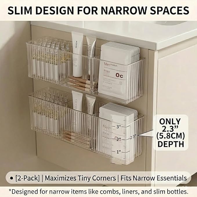 [2-Pack 14" Extra Long Slim Bathroom Organizer, 2.3" Deep Wall Mounted Shelves for Skincare & Makeup, Narrow Vanity Side Shelf with 6.9" Sheet Mask Section, Crystal Clear Ribbed, No-Drill