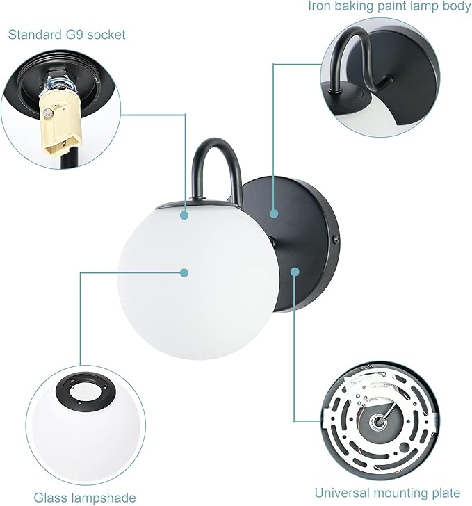 Industrial Bedroom Wall Sconce Black Indoor Wall Light Fixture Milk White Globe Glass Wall Lamp for Bathroom Kitchen Living Room Vanity Hallway (Exclude Bulb)