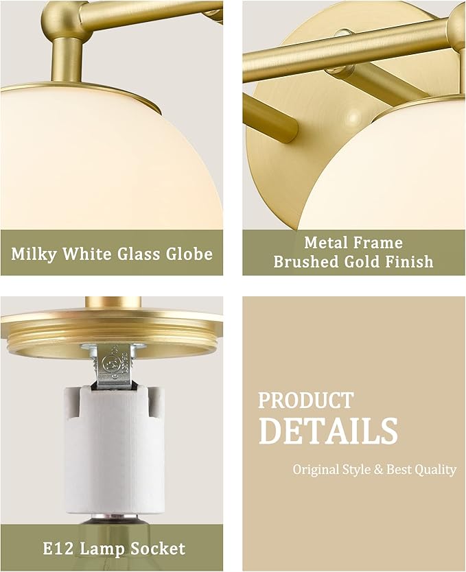 AKEZON Gold Bathroom Light Fixtures, 2-Light Vanity Lights Over Mirror Wall Sconce with Milky White Frosted Glass Shade, Mid Century Farmhouse Vanity Lighting for Bedroom Hallway