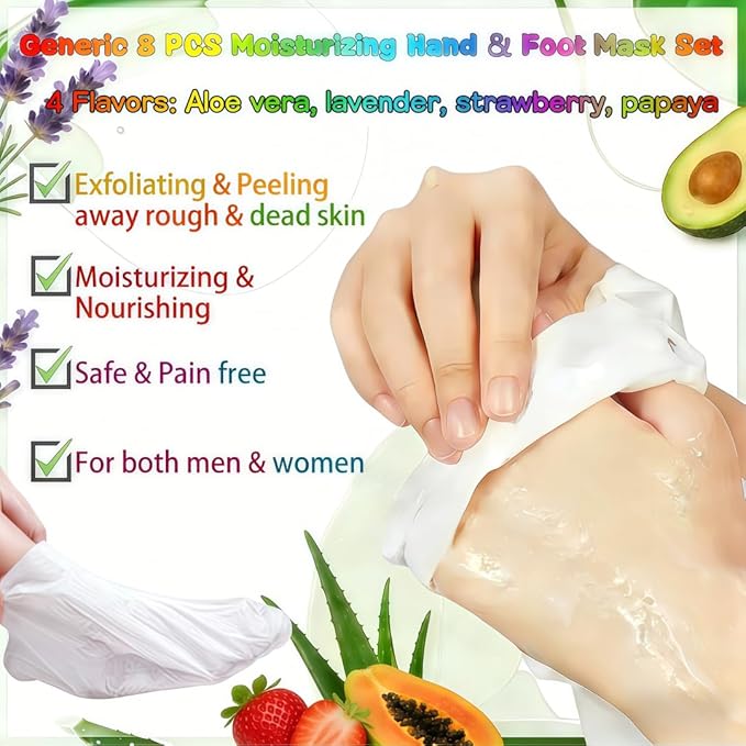 Hand & Foot Mask Set (8 Packs) - At-Home Hand & Foot SPA | Aloe/Lavender/Papaya/Strawberry + Nicotinamide Masks: Hydrating for Dry Skin, Reducing Roughness