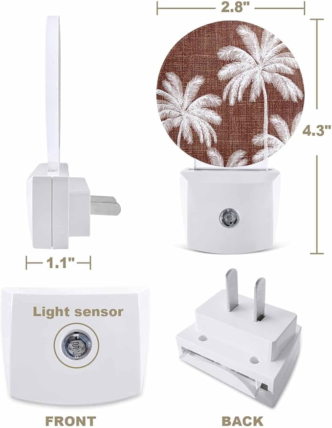 Night Lights Auto Sensor Tropical Palm Trees Night Light Brown Linen Coastal Round Lamp Plug-in LED Nightlights Dusk to Dawn for Living Room Bedroom Bathroom Hallway Wall Decor