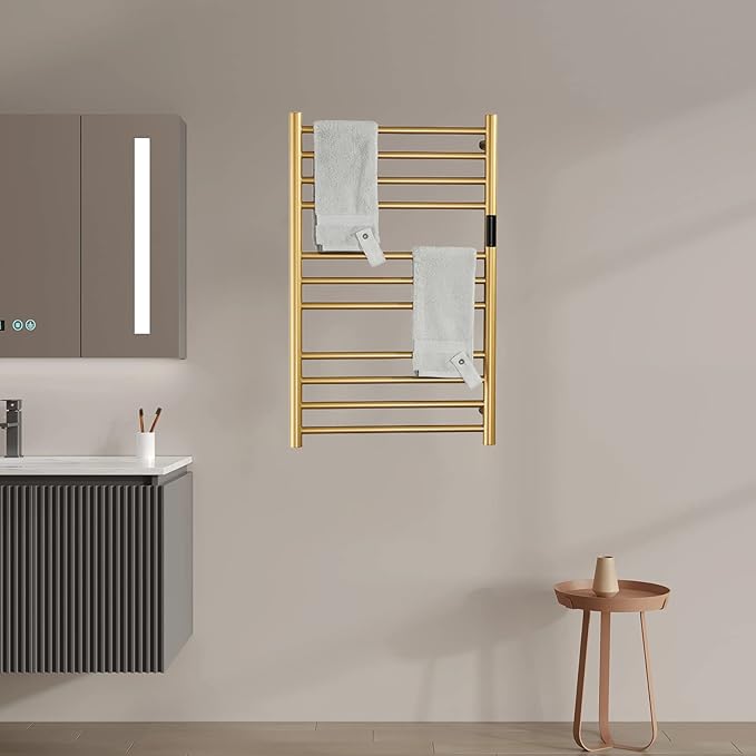 Electric Towel Warmers Radiator with Timer Gold, 140W Wall-Mounted & Freestanding Heated Towel Drying Rack with 11 Bars, 304 Stainless Steel Heated Towel Rail for Bathroom, Plug-in