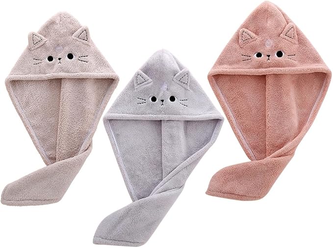 ARTIBETTER 3Pcs Cute Cat Hair Wrap Towels for Kids, Thickened Coral Fleece, Quick Dry Towel, Strong Water Absorption, Soft Shower Cap, Mixed Color for Bath & Household Daily Use