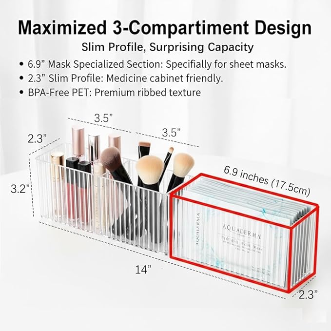 [2-Pack 14" Extra Long Slim Bathroom Organizer, 2.3" Deep Wall Mounted Shelves for Skincare & Makeup, Narrow Vanity Side Shelf with 6.9" Sheet Mask Section, Crystal Clear Ribbed, No-Drill
