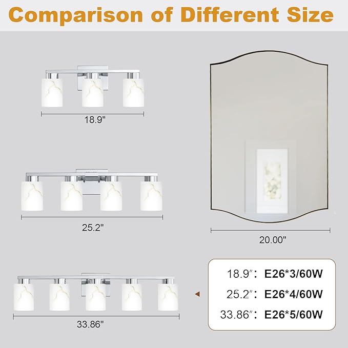 3-Light Bathroom Light Fixtures, Modern Vanity Lights, Chrome Metal Wall Lamp with White Marble Glass for Bathroom, Mirror, Living Room, Bedroom, Cabinet, Porch, Hallway, E26 Base