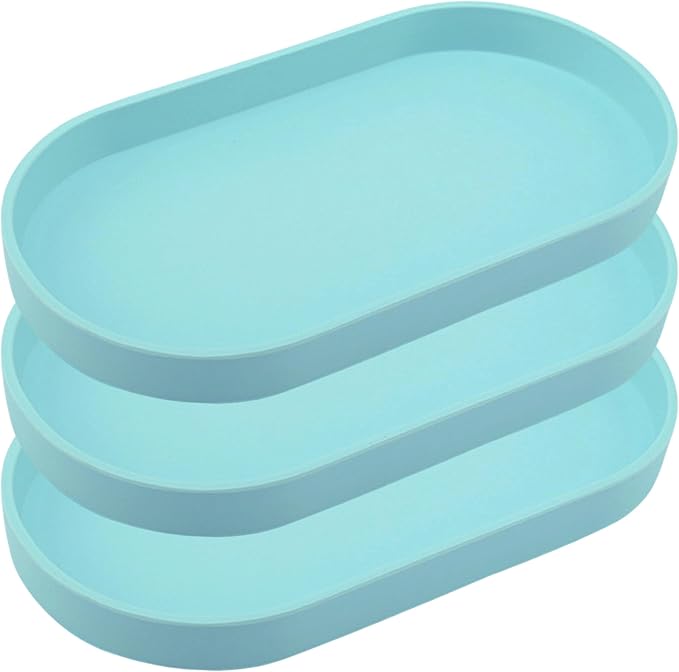 Blue Small Tray (10 inch), 3 Pack Oval Tray for Kitchen Counter, Bathtub Bathroom Vanity Items, Countertop Organizer, Coffee Accessory, Bar, Serving Seasoning, Salt and Pepper, Soap, Perfume.
