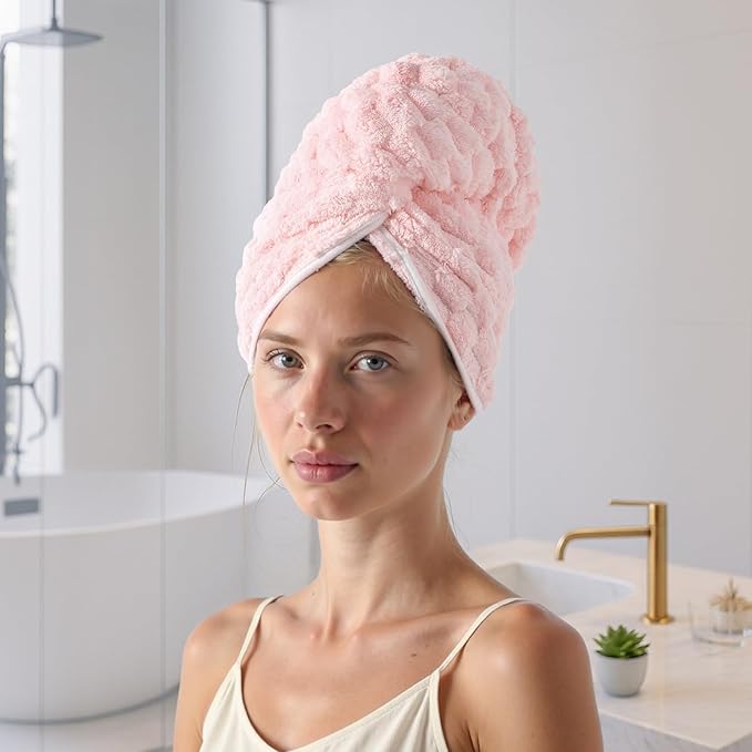 REDKISS 2 Pack Microfiber Hair Towels - Extra Large Hair Towel Wrap for Women, 24x42 inch Pink Hair Towels with Elastic Strap, Super Soft Grey Hair Drying for Long, Curly Anti Frizz Turbans