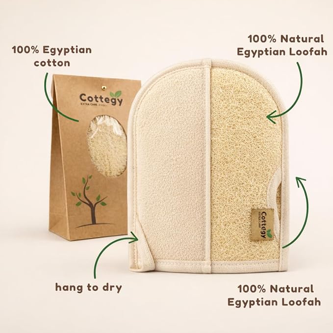Premium Exfoliating Loofah Gloves – Natural Egyptian Loufa Sponge Body Scrubber Mitts for Soft, Radiant Skin – Left and Right Thumb Holes - Gentle Exfoliation & Deep Clean (1-Pack) (Count 2)