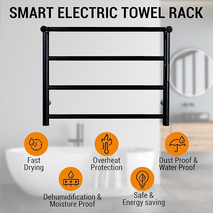 MyGift 4 Tier Wall Mounted Bathroom Towel Warmer Rack with Top Shelf and LED Panel, Premium Hotel Series Matte Black Stainless Steel Electric Heater for Warming Towels