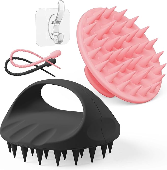 Manmihealth Large Hair Scalp Scrubber, One-piece Silicone Scalp Massager for Wet Dry, Long Bristles Shampoo Brush for Dandruff Removal and Hair Growth with Free Strap&Hook.(Pink+Black)