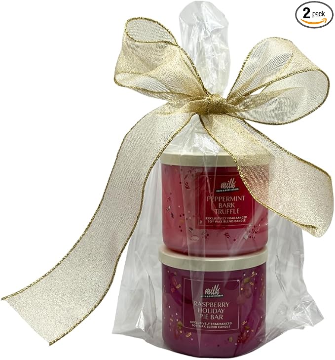 Bath & Body Works Milk BAR Collection Holiday Dessert Scents 3-Wick Scented Candle 2pc Gift Set with 40-inch Gold Metallic Ribbon Bow - 14.5 oz Each (Peppermint Bark Truffle & Raspberry Holiday Pie)